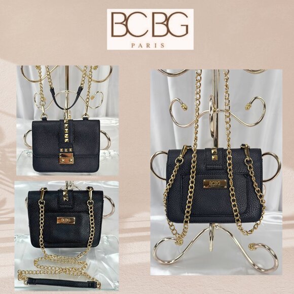BCBG Paris Black Pebbled Leather Mini Crossbody Bag with Gold Chain/Stud | EUC+ - Picture 3 of 5